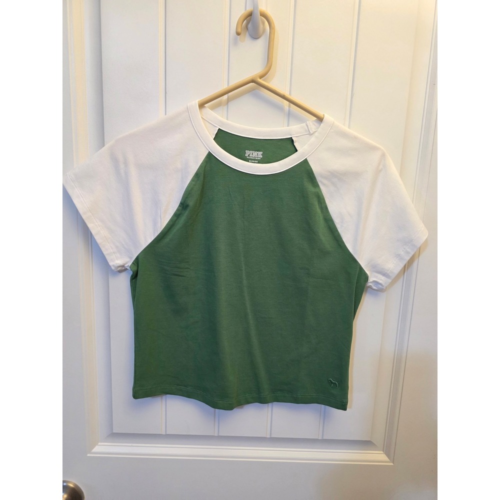 PINK Victoria's Secret Baby Tee Green & White Raglan Y2K Style Medium